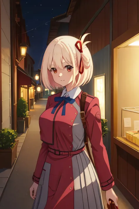 masterpiece, Alleys of the city at night, Upper body, From before, looking at the viewer, centered in picture, Focus on chest and face, big breasts, huge breasts, highest quality, Chisato Nishikiki、platinum blonde hair、赤い目のanime girl,bob cut,Anime visuals ...