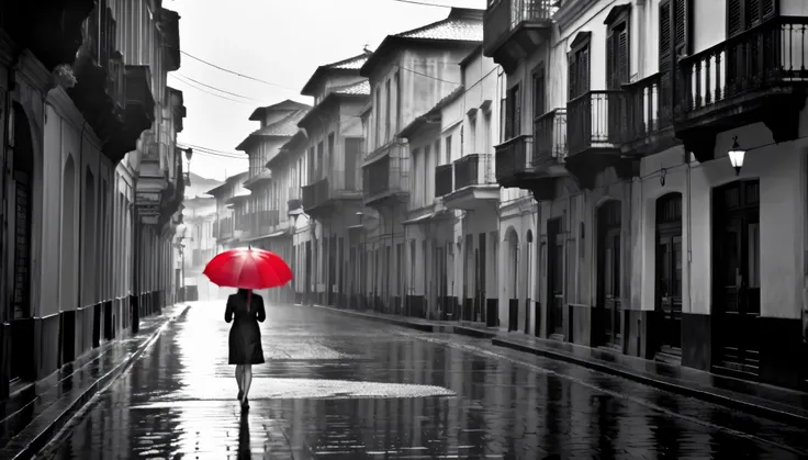 "Create a rainy setting where a woman walks with her red umbrella. The photograph is entirely in black and white, except for the umbrella. The atmosphere needs to convey the feeling that the woman is lost in her thoughts, walking in the rain, in a deserted...