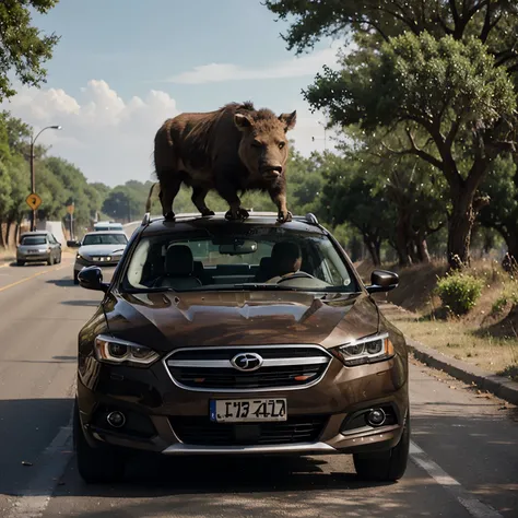 A car with an Uber sign running over the wild boar of Timon and Pumbaa