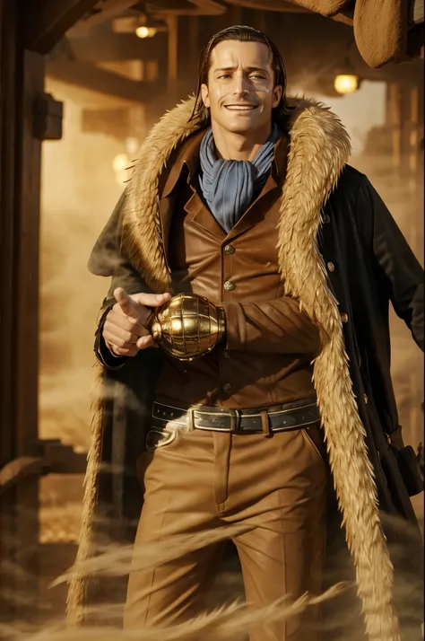 masterpiece, best quality, extremely detailed, hyperrealistic, photorealistic, a cool 40s man, ultra detailed face:1.2, fur-trimmed coat, scarf around the neck, his left hand is a golden pirate hook:1.1, in sandstorm, sly smile
