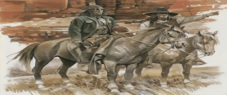 they are two men riding horses in the desert, western comic art, western comic book art, by Walt Reed, by Carol Sutton, inspired western comic, western art, by Stan Stokes, western painting, by John Steell, jean giraud and waterhouse, in the old west, by R...