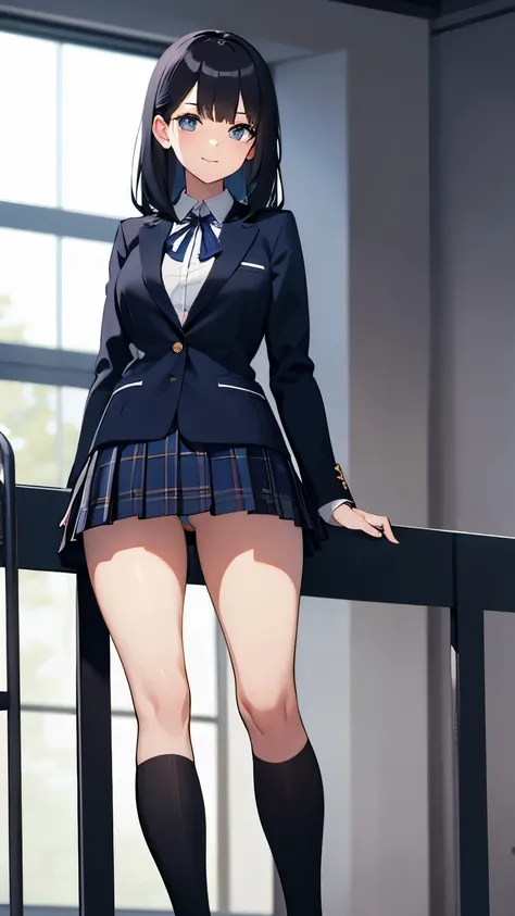 photo of sexy 1girl, tall,leggy,smile,standing in neat rows, in the school gymnasium, wearing NAVY Blazer school uniform, long sleeve, WHITE shirt, shiny blue ribbon,pleated tartan_check_mini_skirt, beautiful eyes, shiny black hair,BLACK short socks, full ...