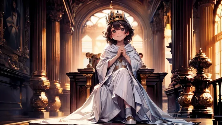 (best quality,4k,8k,highres,masterpiece:1.2),ultra-detailed,(realistic,photorealistic,photo-realistic:1.37), (solo), A cute very little (boy:1.1) wearing a white cloak and a (very long silk long dress:1.1), prince, (best wrinkle, best shadow), (White long ...