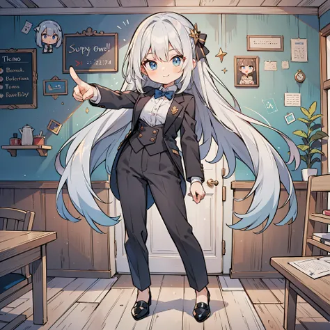 (long silver hair girl),((pointing)),(Pants style with tuxedo),blue eyes,open your mouth, dull smile, Full body Esbian,(((a bit))),(alone),(best image quality, In 8K, masterpiece, Super detailed),