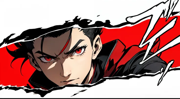 masterpiece, best quality, simple background, finely detailed, 1boy, black hair, red eyes, grey jacket, red t-shirt, Face focus, Persona 5 Art Style, {red streaked hair, messy hair, zarya haircut}