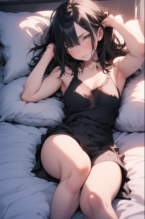 (64k, Raw photo, highest quality, Masterpiece 11.4), (realistic, photo-realistic:1.37), Photo of a Japanese girl wearing black clothes((Loose)camisole), nature(medium breasts:1.35), (micro:1.4)lace panties, look away, (K-POPアイドル), ((Liar on the bed)), Liar...