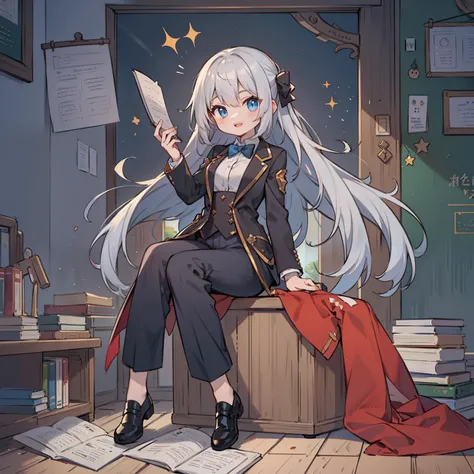 (long silver hair girl),((studying)),(Pants style with tuxedo),blue eyes,open your mouth, dull smile, Full body Esbian,(((a bit))),(alone),(best image quality, In 8K, masterpiece, Super detailed),