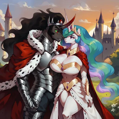 score_9, score_8_up, score_7_up, score_6_up,1girl, 1boy, anthro, upper body, king sombra, unicorn,red cloak, crown, (muscular:1.2),red eyes, detailed armor, black fur, jewelry, detailed armor, gothic armor, armor,( tall:1.0), (princess celestia),  (hyper b...