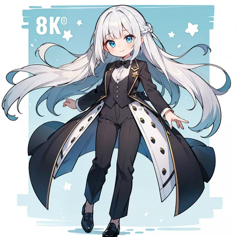 (girl with long silver hair),((hair is not spread out)),(Pants style with tuxedo),blue eyes,open your mouth, A sloppy smile, Full body Esbian,(((Little))),(solo),(Highest image quality, In 8K, masterpiece, super detail),