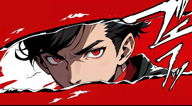 masterpiece, best quality, simple background, finely detailed, 1boy, black hair, red eyes, grey jacket, red t-shirt, face focus,...