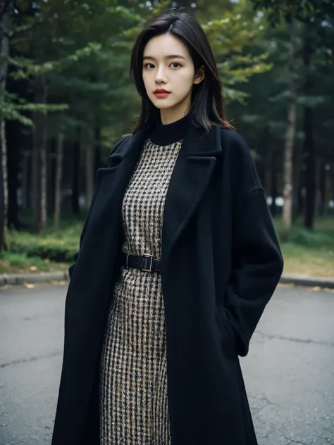 Best quality at best,tmasterpiece,ultra high resolution,(realness:1.4),RAW photogr,Cinematic texture,1 cool girl,Tall and tall，Dressed in black，Black long woolen coat，standing in the plain background，looks into camera，fashion photoshoot