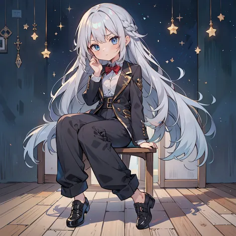 (long silver hair girl),((looking troubled)),(Pants style with tuxedo),blue eyes,Have a sleepy face, Full body Esbian,(((a bit))),(alone),(best image quality, In 8K, masterpiece, Super detailed),