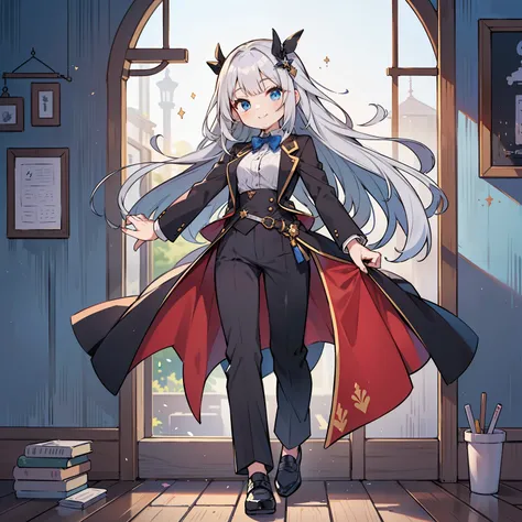 (long silver hair girl),((aloneおしゃべりをしている)),(Pants style with tuxedo),blue eyes,open your mouth, dull smile, Full body Esbian,(((a bit))),(alone),(best image quality, In 8K, masterpiece, Super detailed),