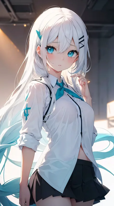 masterpiece. shiroko model, dready (a  girl with beautiful detailed eyes, long hair, (white light hair), bright  bright  aqua ey...