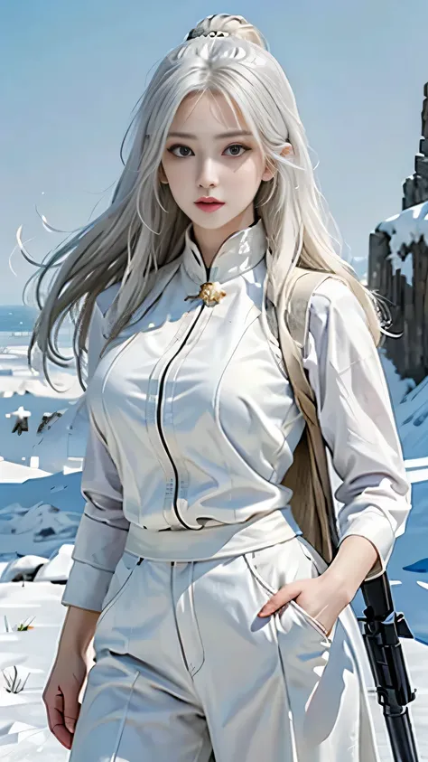 lifelike, High resolution, 1 lady, alone,snow background, looking at camera, (Detailed face), white hair, Vest, gun, jewelry，Fingers are covered，blond，Thick clothes，beautiful tall woman，standing on top of snow，Carrying a knife on his back