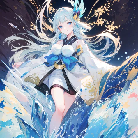 ((4k,masterpiece,best quality)), shuimobysim, traditional chinese ink painting, lotus, hanfu, maxiskit, dress conservatively 1girl, solo, , smile, standing, feet in the water, barefoot,  1girl, japanese kimono, bare shoulder, light blue hair, extremely lon...