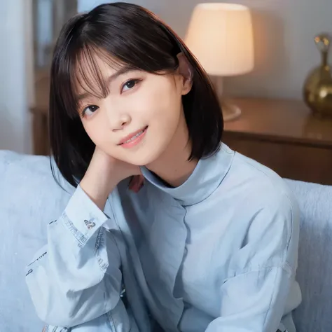 best image quality、highest quality、masterpiece、ultra high resolution、8K、immature、realistic:1.4、professional lighting、cute high school girl、baby face、very short hair、thin、Moderate size chest cup bust、smile、I'm wearing a light blue high neck knit、wearing...