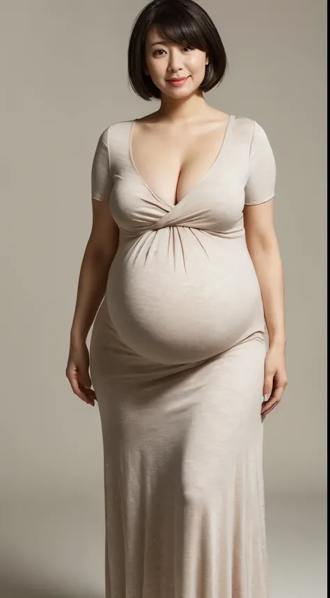 masutepiece, 16 K, Japanese, 1 female, 65 years old, (Round Neck Short Sleeve Maxi Tight Dress: 1.2), Huge heavy cleavage ,  chubby, (huge pregnant), Realistic