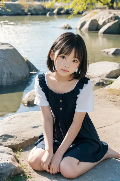 8K,Japanese,9 years old,Childish,innocent face,innocent look,teenage girl,cute,spring-like clothes,Spring weather,everyday wear,black hair,riverbed park,sitting,Decolletage