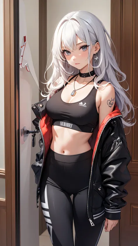 最high quality、best image quality、masterpiece、girl((20-year-old、 By becoming、vest bust、medium bust,wide open breast tea、shining eyes, silver hair、long hair、thin,highest valley、black sports bra、black sports pants、shoulder tattoo,diamond earrings、Wristband、bl...