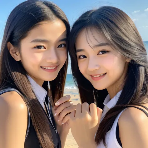 16 year old identical twin sisters, clear facial features, close, happy and golden retriever, black hair, walk on a beautiful sandy beach.(8K、Live shooting、highest quality、masterpiece:1.2)、Super detailed、super resolution、(hyper genuineity、)Super detailed、s...