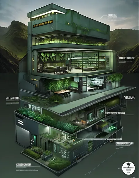 schematic diagram of a building with many rooms and many plants, 地下bunker, underground laboratory, secret underground laboratory...