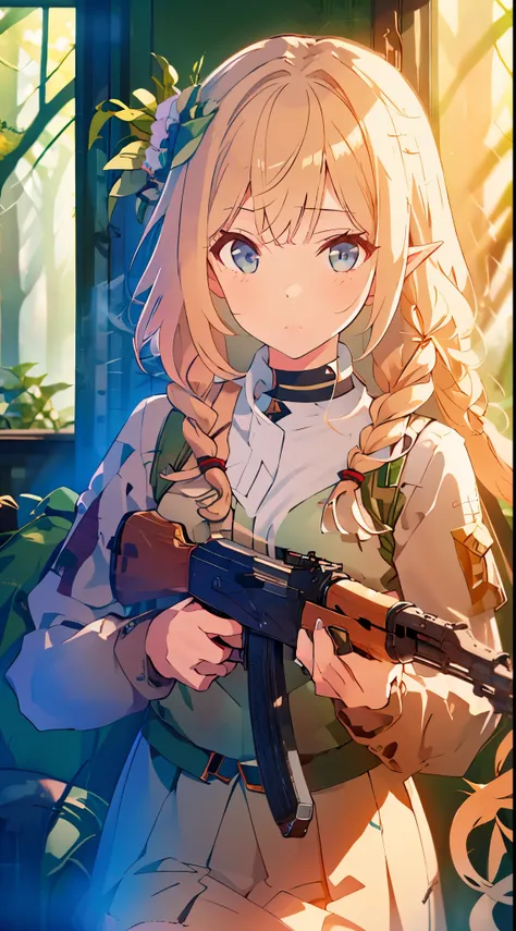 Female elf soldier, (elf with golden braided hair), (solo), forest Russians Military Camouflage Uniform, detailed eyes, detailed hands, detailed face, ak-47, akm, kalashnikov_rifle, assault_rifle, holding_gun, holding rifle, forest background