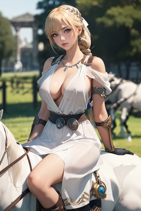 ((riding a white horse:1.5)),(masterpiece, super detailed,8k, high quality, best image quality)、realistic,long eyelashes、eyeliner、eyeliner、highlight、eye light、(shiny skin:1.5、big breasts:1.3,cleavage)、(masterpiece, super detailed,8k, high quality, best ima...