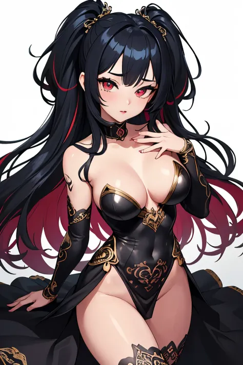 1girl, anime, cute girl, blank background, white background, fantasy, detailed fantasy dress with highlights, beautiful face, beautiful eyes, dark colors, black hair with multicolor streaks, red eye with multicolor eye, medium small breasts (slightly big),...