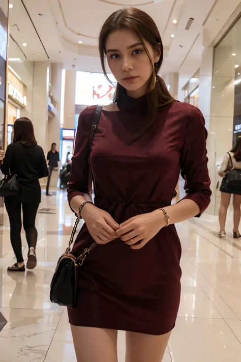 extremely high quality, realismo, maroon dress at mall in Kuala Lumpur left hand holding her gucci bag --hyper realistic --hyper detailed --photorealistic