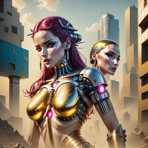 original photography, super detailed, woman, cybernetic neck, (cyborg: 1.5), a ruined city block in the background, vibrant deta...