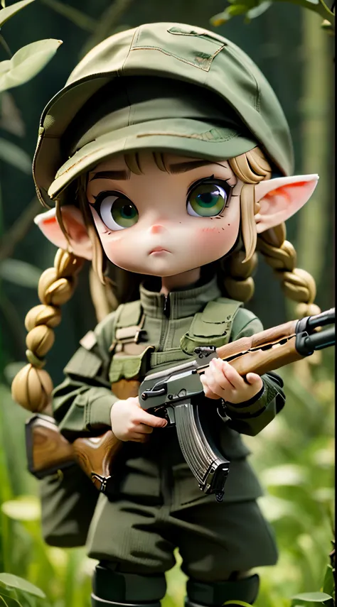 Female elf soldier, (elf with golden braided hair), (solo), forest Russians Military Camouflage Uniform, detailed eyes, detailed hands, detailed face, ak-47, akm, kalashnikov_rifle, assault_rifle, holding_gun, holding rifle, forest background