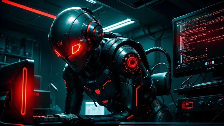 Computer Science with text "BSRU" , Scifi, Dark fantasy style, Red neon, dark tone, hardware, robot, red hologram