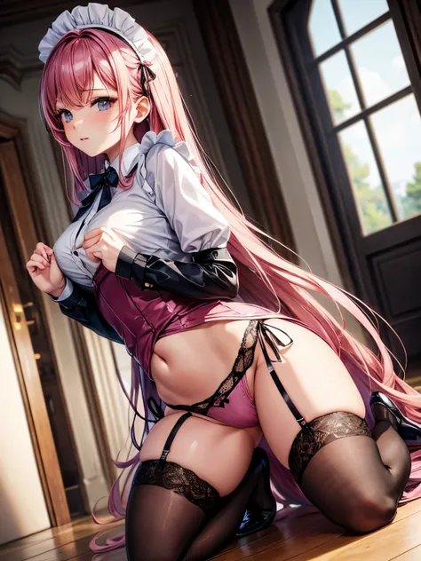 A woman is wearing a maid costume and kneeling on the floor with her hands on her hands., alone, panties, underwear, skirt, (shiny dark pink satin panties:1.3)、panties that cover the butt、garter belt, Liar, Thighhighs, skirt lift, think back, realistic