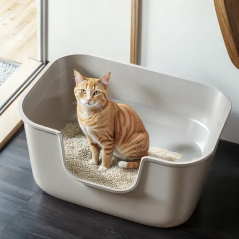 (best quality,4K,8K,high resolution,masterpiece:1.2),Super detailed,(actual,photoactual,photo-actual:1.37),Yellow cat in the litter box,Gray trash can,natural lighting,cute cat,Natural shimmer,wooden floor,Japanese interior home decoration style,Cat&#39;s ...