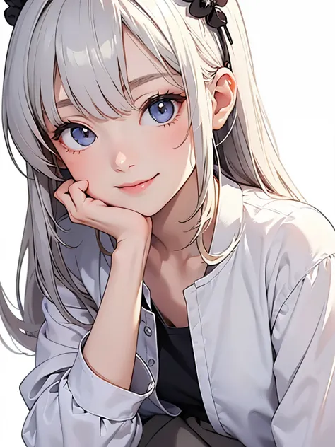 Anime girl, smiling, HD, fully detailed, casuao clothes, casual girl, looking at viewer, front view. Cool. Good pose. White background. Face only. Face close up picture. Fantasy. Full detailed. Masterpiece 