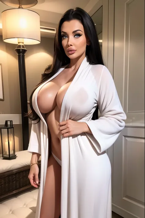 aletta_ocean, escote, dressing gown, she wears just the dressing gown, lleva solo una bata, japanese design robe, the dressing gown has a japanese design, standing, de pie, in a luxury japanese spa, in a luxury japanese spa, sugerente, provocativa, erotica...