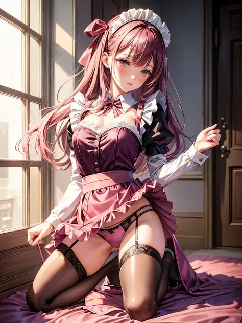 A woman wearing a maid outfit and kneeling on the floor., alone, panties, underwear, skirt, (shiny dark pink satin panties:1.3)、panties that cover the butt、garter belt, liar, Thighhighs, skirt lift, Please think back, realistic
