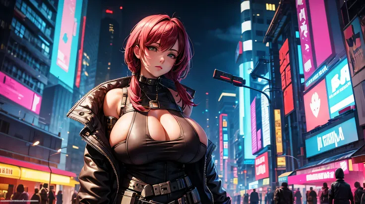 Big-breasted and stylish women in the cyberpunk world