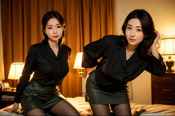 milf, the pose, japanese, shop clerk uniform, mini skirt, brown pantyhose, in bright bedroom, volumetic lighting:1.2, ((Photorealsitic:1.4)), ((beautiful face))