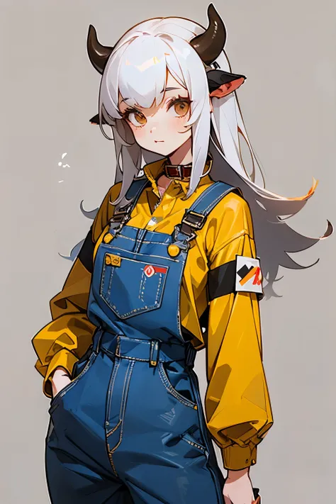 Cute girl, cow horns, cow ears, cow collar, bell, wearing wide-leg jeans cut off at the ankle, ((jumpsuit))Overalls, work suit, coveralls