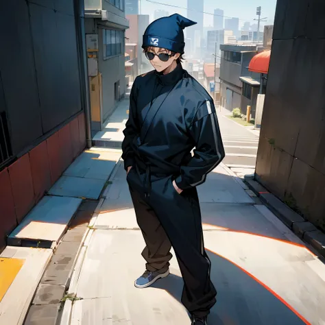 1male , Serious Expression , Blue Beanie , Adult Male , Dark Blueish Black Tracksuit , Jujutsu Tech Uniform , Jujutsu Kaisen , Standing on sidewalk , Modern City Background , Brown Hair , Black Sunglasses 