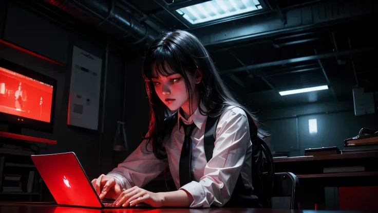 with white shirt, black necktie, learning, do home work, laptop, theory, class room, student, Scifi, Dark fantasy style, Red neon, dark tone, hardware, robot, red hologram