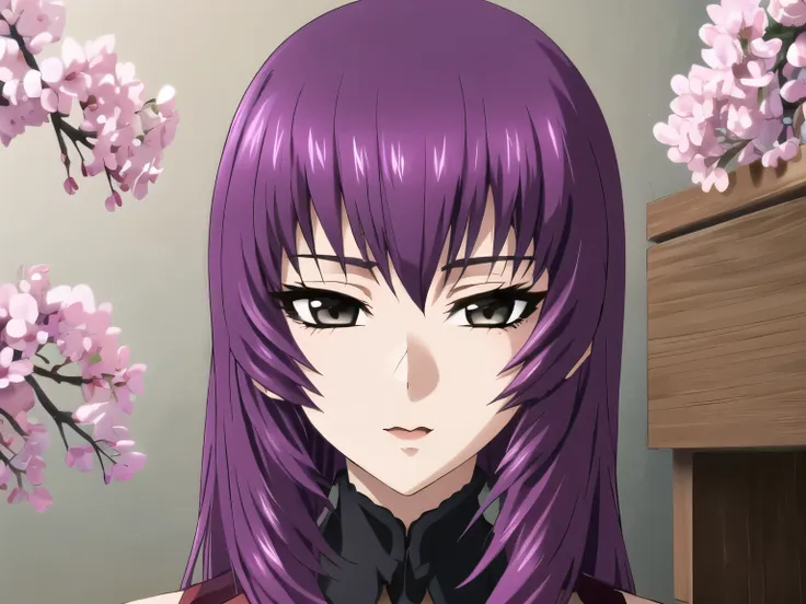 kouzuki yuuko con un vestido morado sentada en un banco blanco, diosa, ekaterina, vestida de morado, traje morado, pose de glamo...