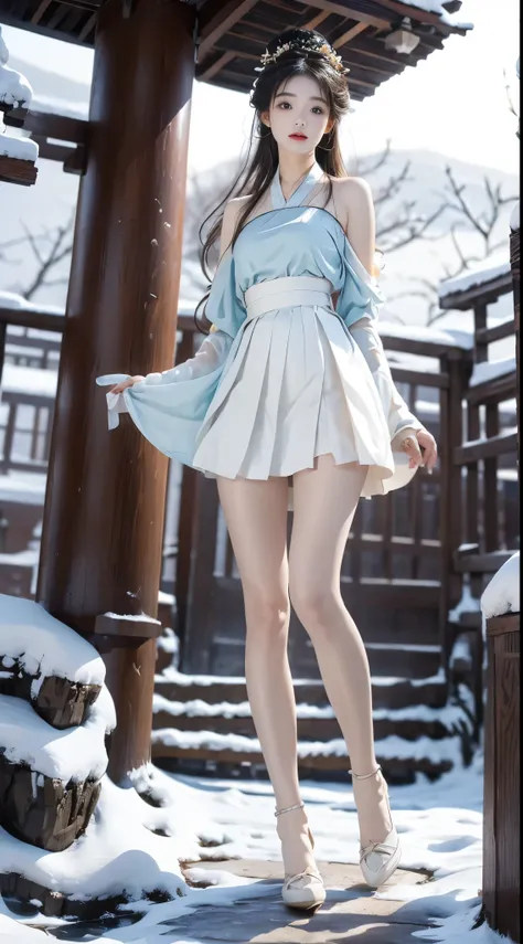 hanfu-song, hanfu, song theme, bandeau, tube top, ((from below)),（8k， original photo， best quality， masterpiece：1.2），（realistic， Shoot real：1.4)，hide your face from sadness，Alice Gainsborough， ((knee shot))， bare shoulders，The skirt is short, Very short sk...