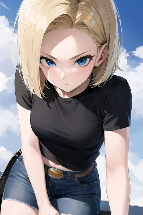 Anime Dragon Ball Android 18、highest quality、masterpiece、real、high resolution、jeans mini tight skirt、sharp eyes、Light Blue Eyes、real人造人間18号