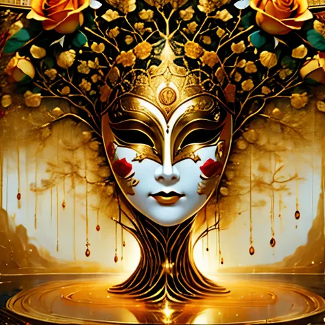 （best quality，4k，masterpiece：1.2），super detailed，lifelike:1.37，Beautiful symmetrical mask oiled with thick brush strokes and wet paint, Proportional gold, melted wax |, Visible strokes, Symmetrical mask in roses，White mask surrounded by roses, Mosaic wiref...