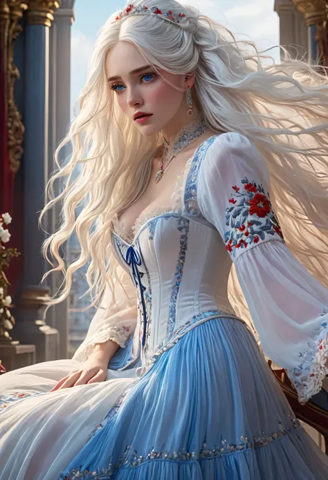 ((Extremely detailed CG unified 8K wallpaper)), masterpiece, super detailed, floating, High resolution, Sexual innuendo, Expressions of sadness and crying, White hair looks ridiculous, Princess, blue eyes, (Gorgeous long white and red sheer tiered maxi dre...