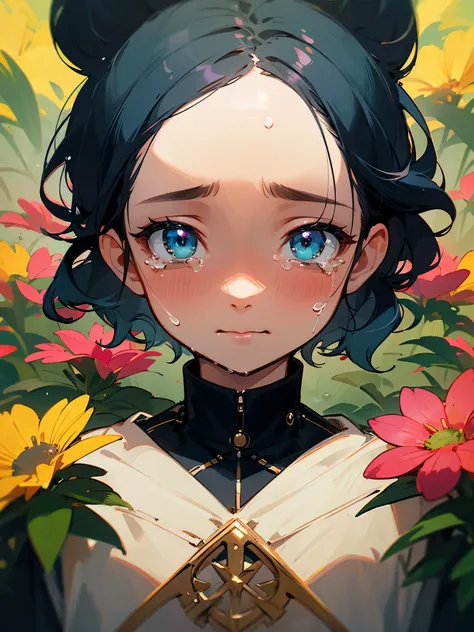 Beautiful girl crying，Tears flow down the cheeks，Lots of tears，The eyes are sharply focused，Beautiful flowers surrounded，The colors are bright and vivid，High saturation，8k，Super fine，Rich details，Extreme details，masterpiece，high quality