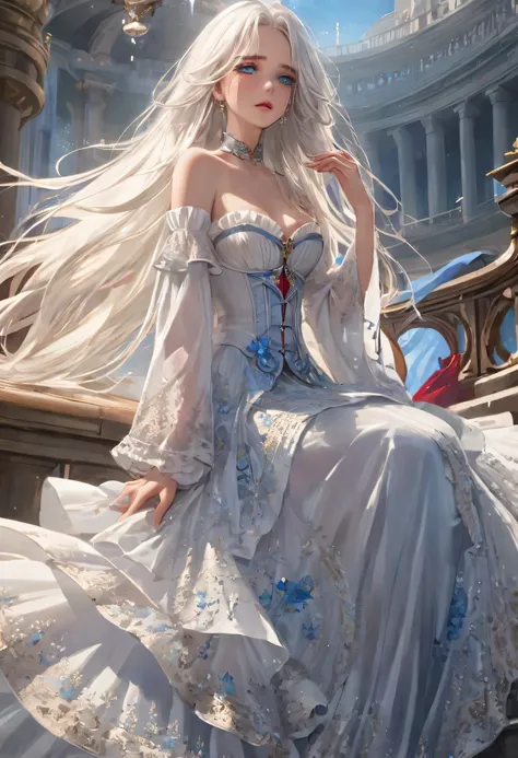 ((Extremely detailed CG unified 8K wallpaper)), masterpiece, super detailed, floating, High resolution, Sexual innuendo, Expressions of sadness and crying, White hair looks ridiculous, Princess, blue eyes, (Gorgeous long white and red sheer tiered maxi dre...